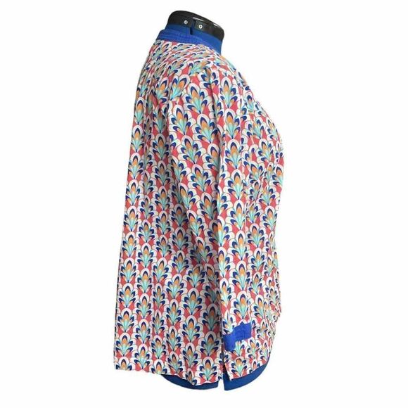 TALBOTS Multicolored Peacock Print Tunic Top Blouse Size Large Petite V-Neck - Picture 2 of 11